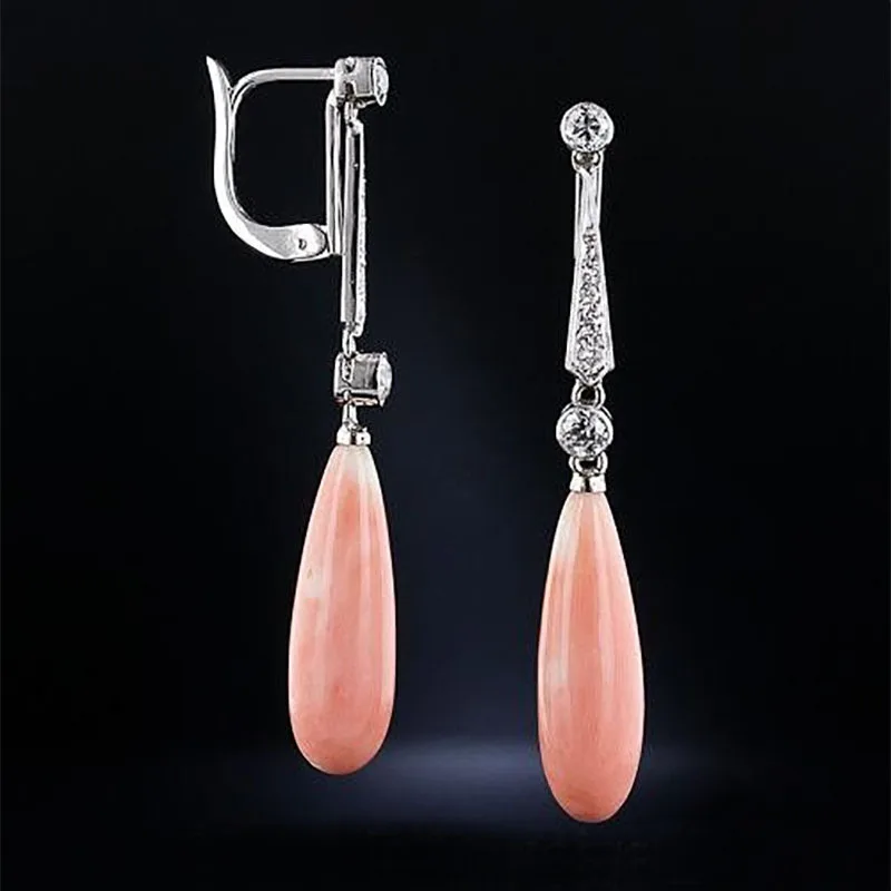 Delicate Long Teardrop Pink Orange Stone Earrings Artistic Jewelry Bright Silver Color Crystal Coral Statement Earring Femme