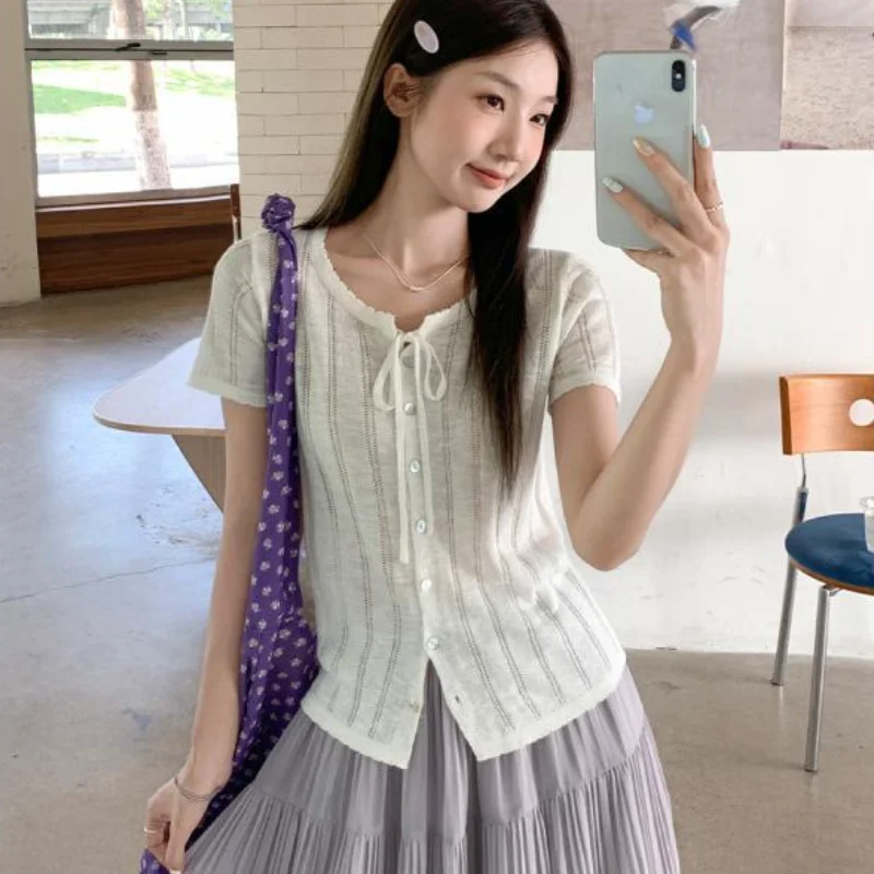 

Korean Sweet Hollow Lace Up Short Sleeved Knitted Cardigan Women's Summer New Cotton Soft Layered Jacket Top T-Shirt