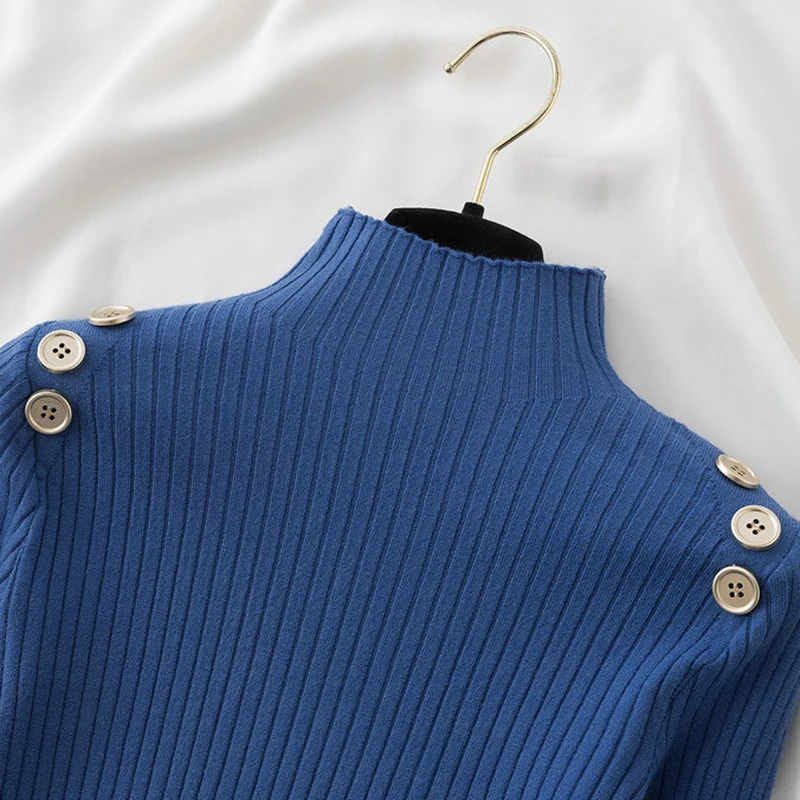 Turtleneck Sweater Mujer 2023 Autumn Winter Womens Clothes Button Pullover Sweaters Women Long Sleeve Slim Knitted Tops Female
