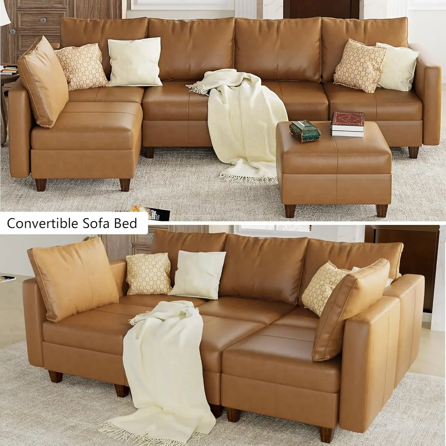 Modular Sectional Sofa with Storage Ottomans, Faux Leather Sectional Couch Convertible Modular Sofa with Reversible Chaises