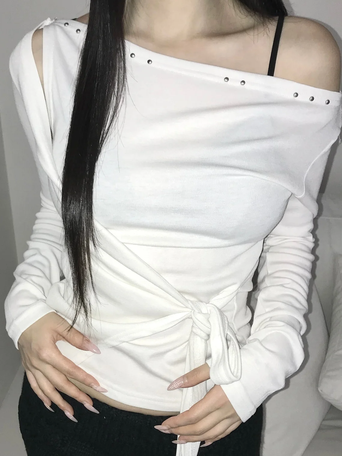 Korean Style Long Sleeve T-Shirt Women's Casual Slimming Boat Neck Tie Waist Unique SEI Hot Girl Versatile Unusual Design Top