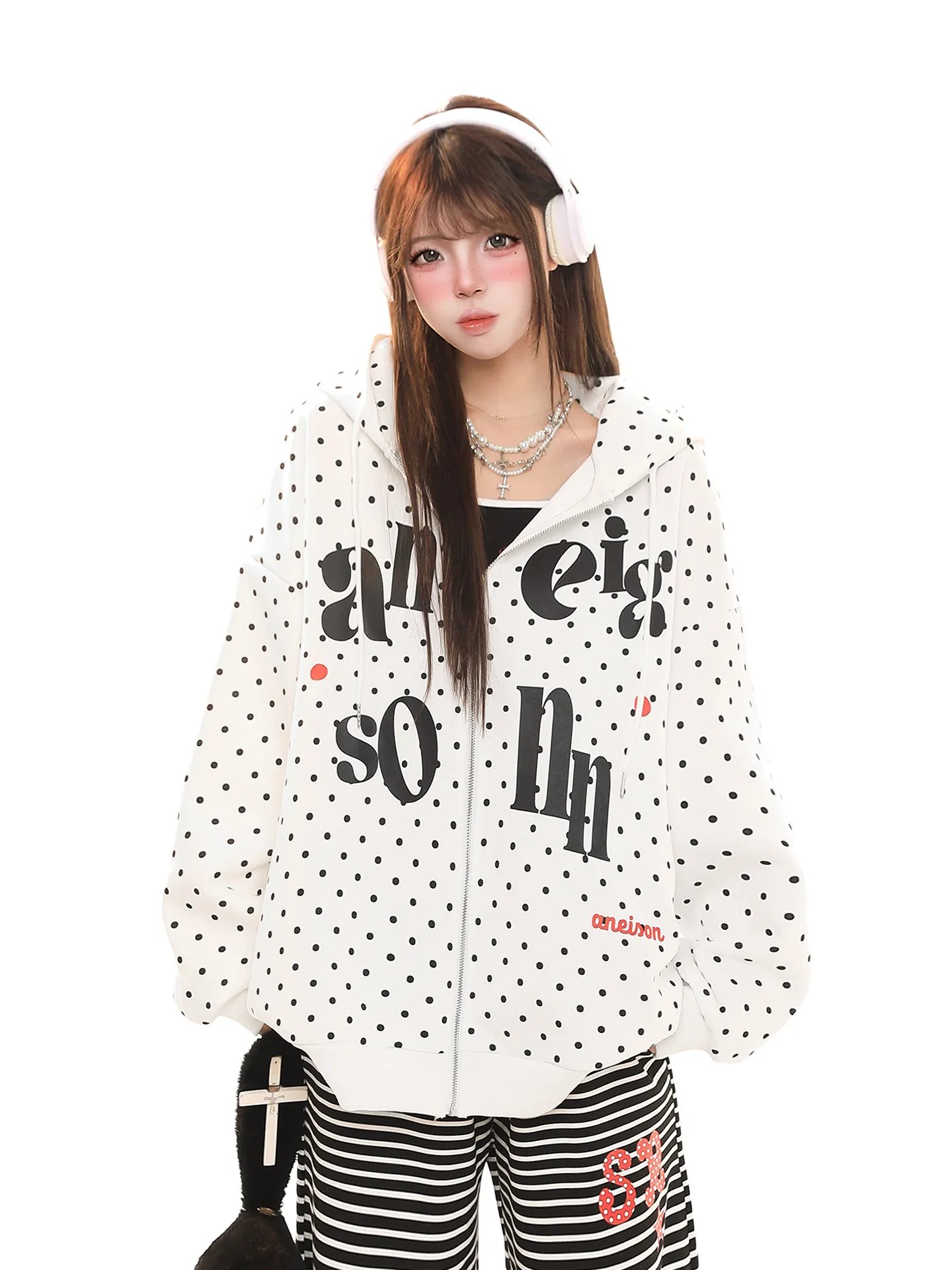 

Женская толстовка в стиле ретро с американским принтом в горошек, весенняя, свободного кроя, повседневная, универсальная, антивозрастная, открытая кофта-кардиган, верхняя одежда