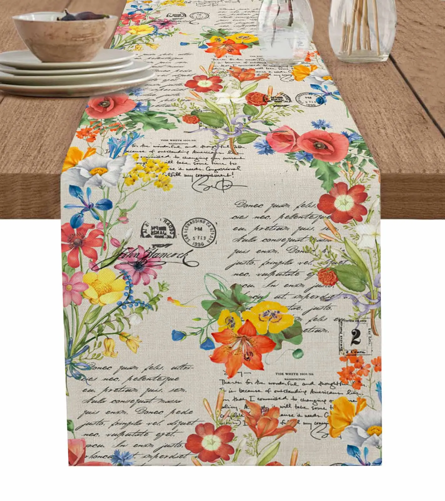 

Spring Watercolor Flowers Vintage Linen Table Runners Kitchen Table Decoration Dining Table Runner Wedding Party Supplies