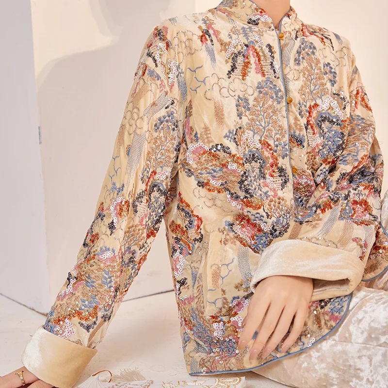 New Chinese Style Women's Top 2025 Autumn Winter Heavy Sequin Embroidery Design Cotton Jacket M8117