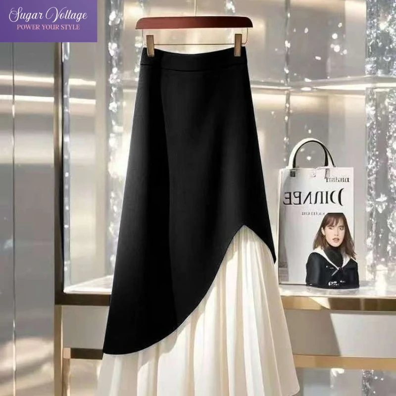 Elegant Office Lady Spring Slim Skirt High Waist Plus Size A Line Pencil Midi Skirt Women Pretty Lace Patchwork Pleated Skirt