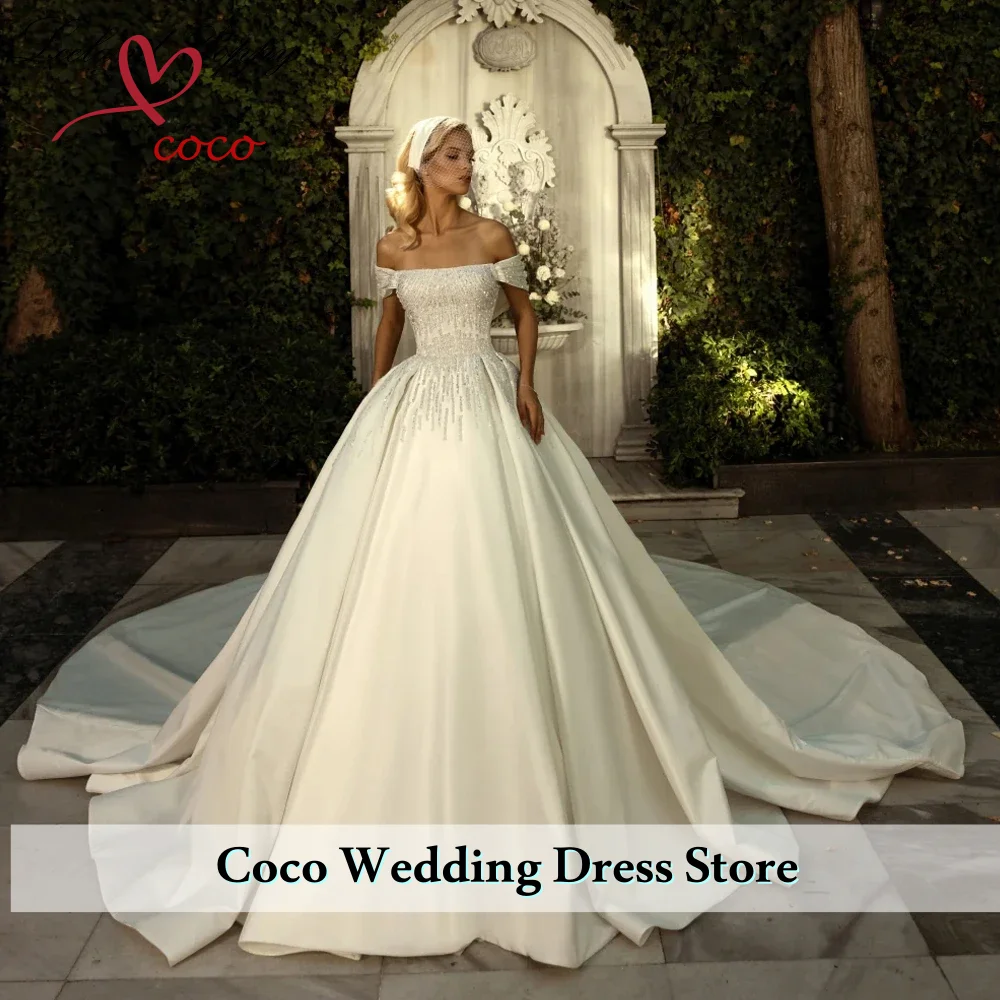 Customized Elegant Boat Neck Ball Gown Satin Wedding Dresses  Crystal Beaded Bridal Gowns with Cathedral Train