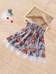 Girls summer floral print dress, lace decoration, cool suspender design
