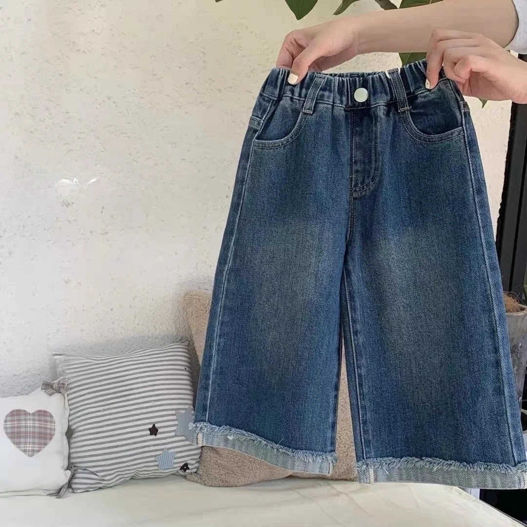 Pants Girls Jeans Autumn New Style Baby Girl Korean Style Rolled Edge Straight Leg Casual Fringed Jeans Fashion and Versatile