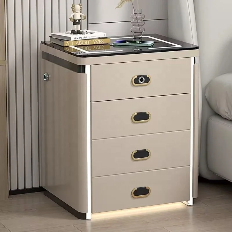 #Smart Nightstand With Glass Top Fingerprint Lock Wireless Charging LED Ambient Light 4 Drawer Storage forBedroom Home Furniture