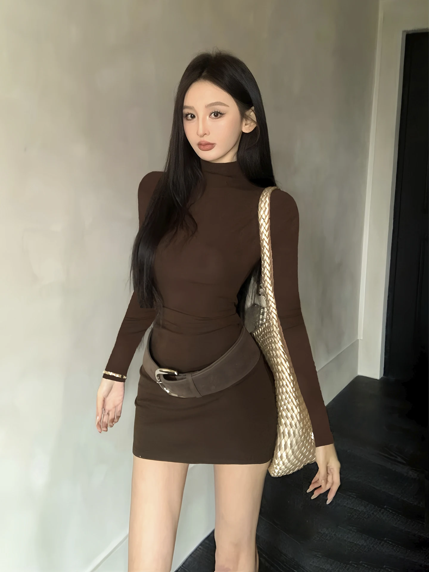 

Облегающее платье-футляр с длинным рукавом и завязками на талии для женщин, осенне-зимняя базовая одежда