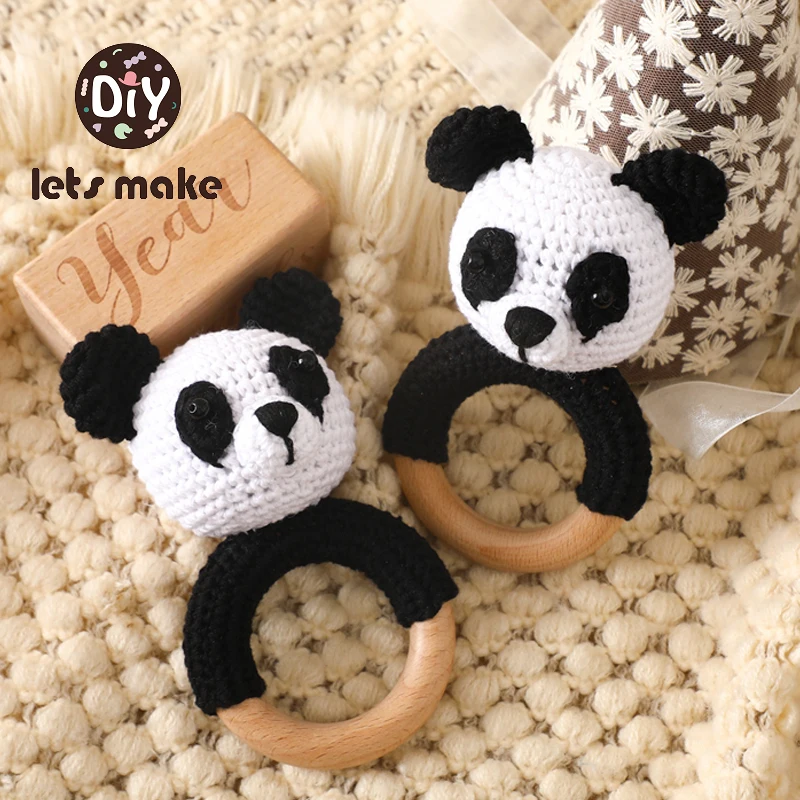 1PC Crochet Animal Panda Chocalho Brinquedo Chocaleta Pulseira De Madeira Mordedor Anel Do Bebê Produto Móvel Pram Berço Brinquedos de madeira Recém-nascidos Presentes