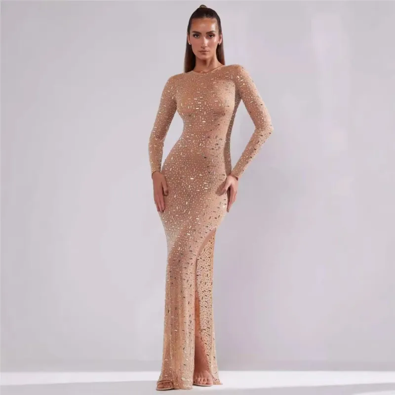 

2025 New Summer Women Sexy Fashion and Comfort Dress See Through Mesh High Slit Evening Dress Female Elegant Fashion Long Sleeve