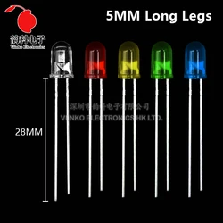 50pcs Long Leg 3MM 5MM LED White Green Red Blue Yellow Orange F5 28mm F3 27mm Length Light Emitting Diode