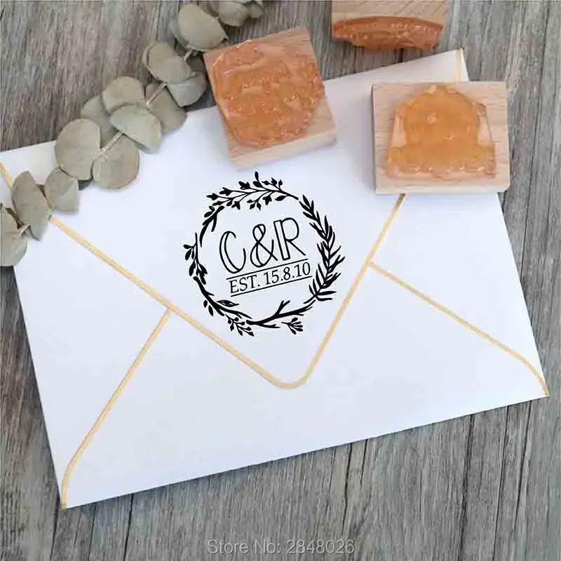 Wedding Custom initials wooden Rubber Stamp,Rustic floral wedding stamp,self-inking stamp,personalize Stamp,Invitation Stamp