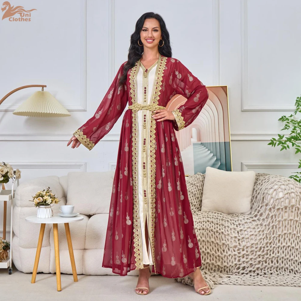 

Uni Muslim Set 2 Piece Set Abayas Women Elegant Party Dress Arab Embroidered Cardigan Vest Morocco Dubai Turkey Islam Kaftan