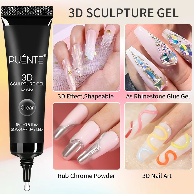 PUENTE 15ML 클리어 3D 닦아내지 않는 조각 젤 매니큐어 3D 크롬 네일 아트 디... - 2