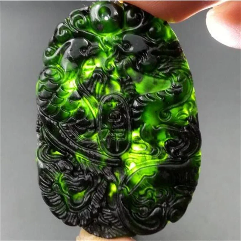 Charm Natural Black Green Stone Jade Carved Chinese TaiJi BaGua Tiger Dragon Lucky Pendant Amulet Rope Necklace Gift Jewelry