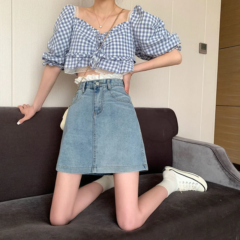 Women Personality All-Match Lace Side Denim Skirts Chic Summer Female Korean Butterfly Embroidered Jean Skirt with Pockets Girls