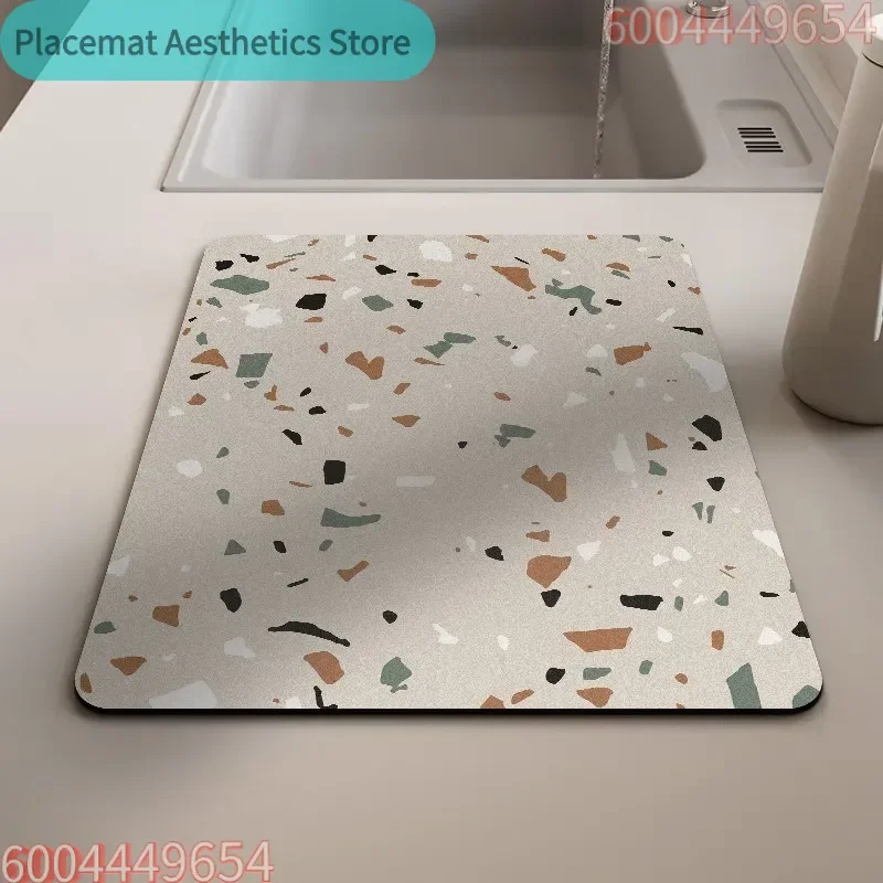 Diatomaceous Earth Kitchen Mat Terrazzo - Absorbent Quick Dry Heat Resistant Non-Slip Pad for Countertop Sink Multi-Use