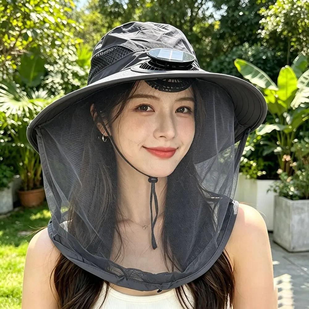 With Net Mesh Mosquito Head Net Hat Foldable UV Protection Wide Brim Sun Cap Cooling High Wind Power Fishing Bucket Hat Fishing