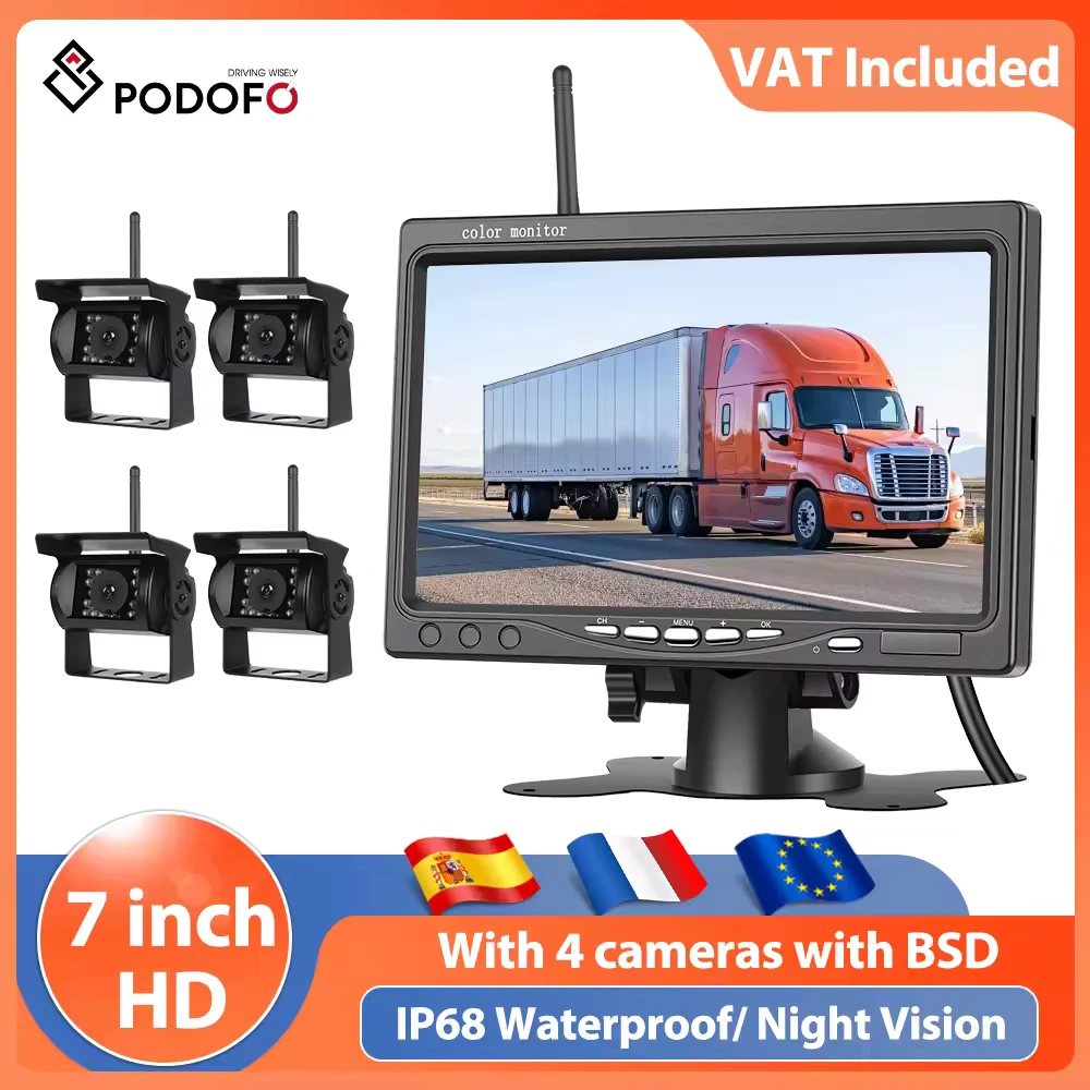 Podofo 7 Inch Wireless Reverse Monitor IP68 Waterproof Digital Wireless Camera Night Vision Digital Reversing Rear View Camera
