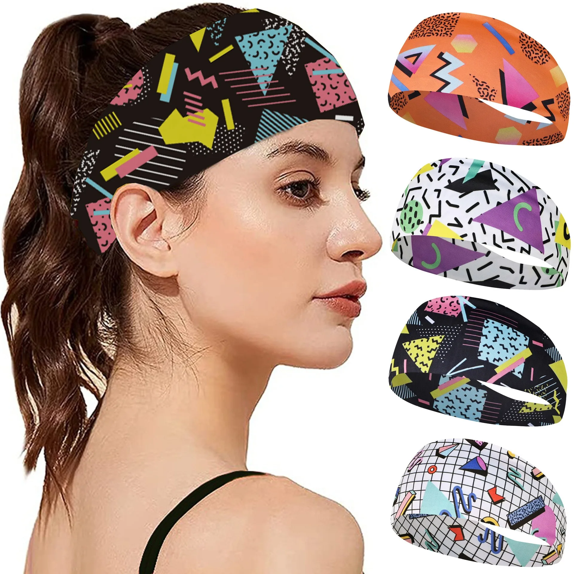 Retro Fashion Print Sweat Absorbent Breathable Yoga Running Fitness Sports Hair Ties Headbands for Travel Party