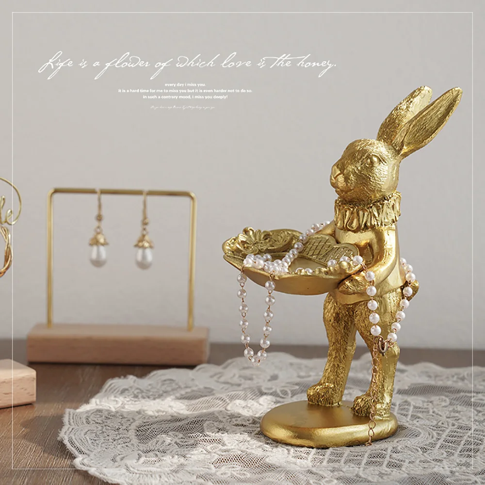 Cute Golden Bunny Figurine Jewelry Ring Tray Decorative Easter Rabbit Statue Resin Animal Sculpture Home Table Desk Ornament