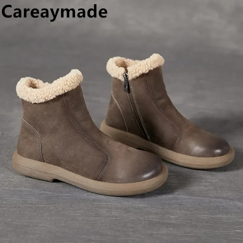 Careaymade-Bottes courtes en cuir véritable faites à la main pour femmes, bottes chaudes d'hiver, tête ronde, fermeture à glissière latérale, chaussures simples décontractées pour femmes, nouveau