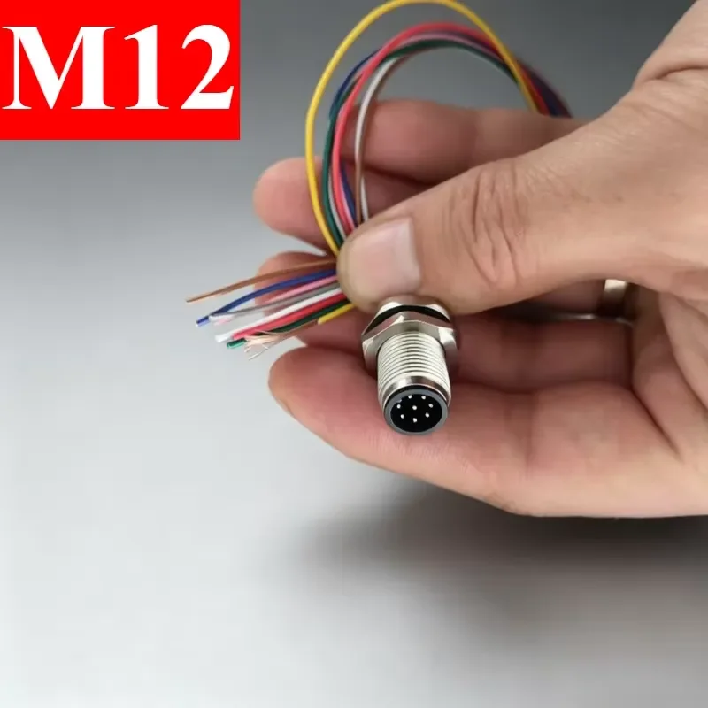 M12 Waterproof 4 5 8 Pin Socket w 20CM Cable IP67 Male Female Connector Cable Glued Integrated Board Mounted Fixed Panel