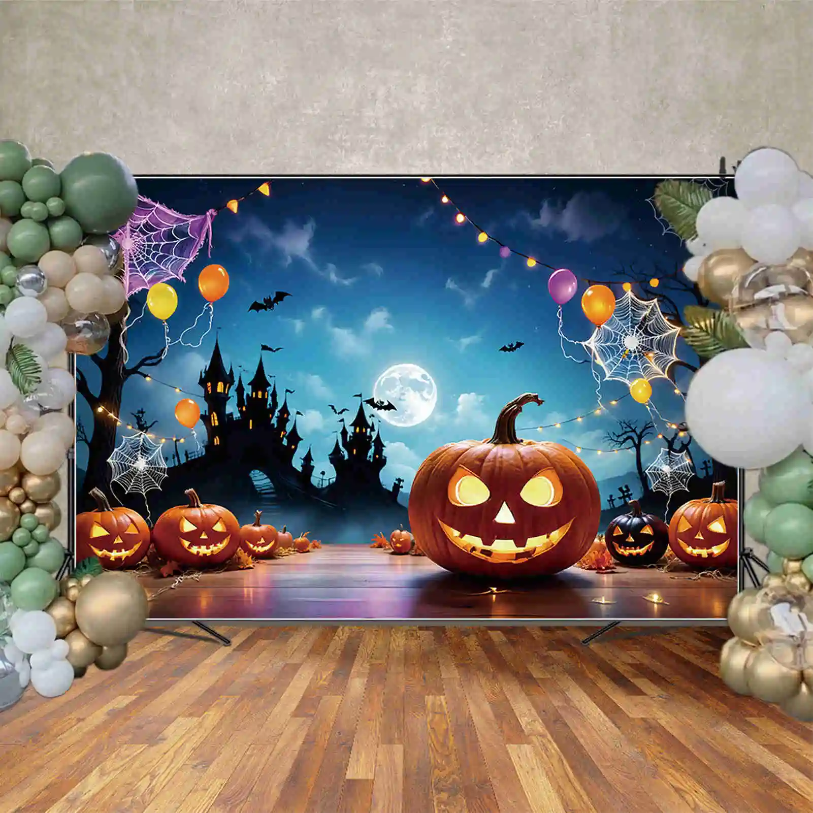 MOON.QG Halloween Party Child Photography Backdrop Pumpkin Balloon Castle Photographic Background Outdoor Photo Studio Back Drop