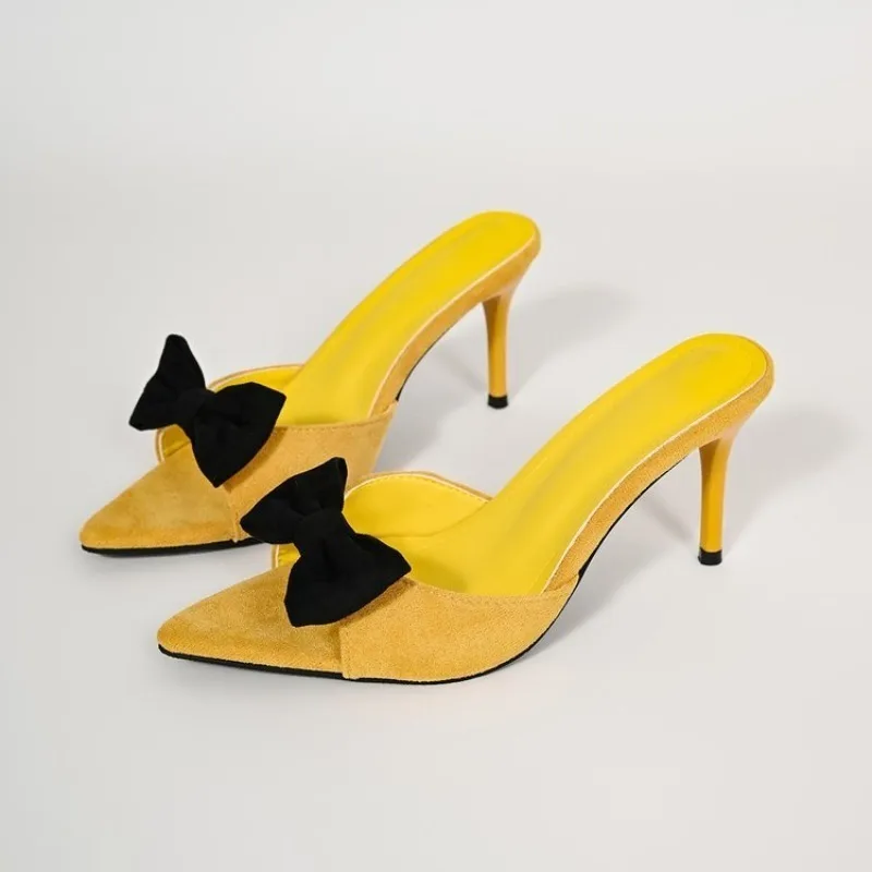 Sexy Thin High Heels Women Slippers Suede Bow Party Stripper Sandals Summer Open Toe Slip on Wedding Slide Shoes