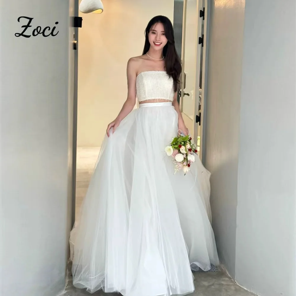 

Zoci 2 Pcs Mini Top Korea Wedding Dresses Strapless Wedding Dress Photos Shoot Customized A Line Cownrset Back Bridal G