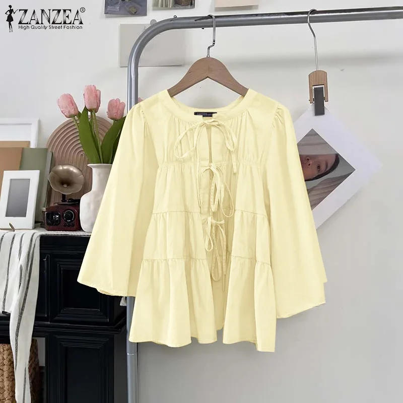 ZANZEA 2026 Mode Vrouwen Blouse Casual Flare Mouw Tops O Hals Tuniek Lace-Up Shirts Effen Kleur Zomer Trui oversized