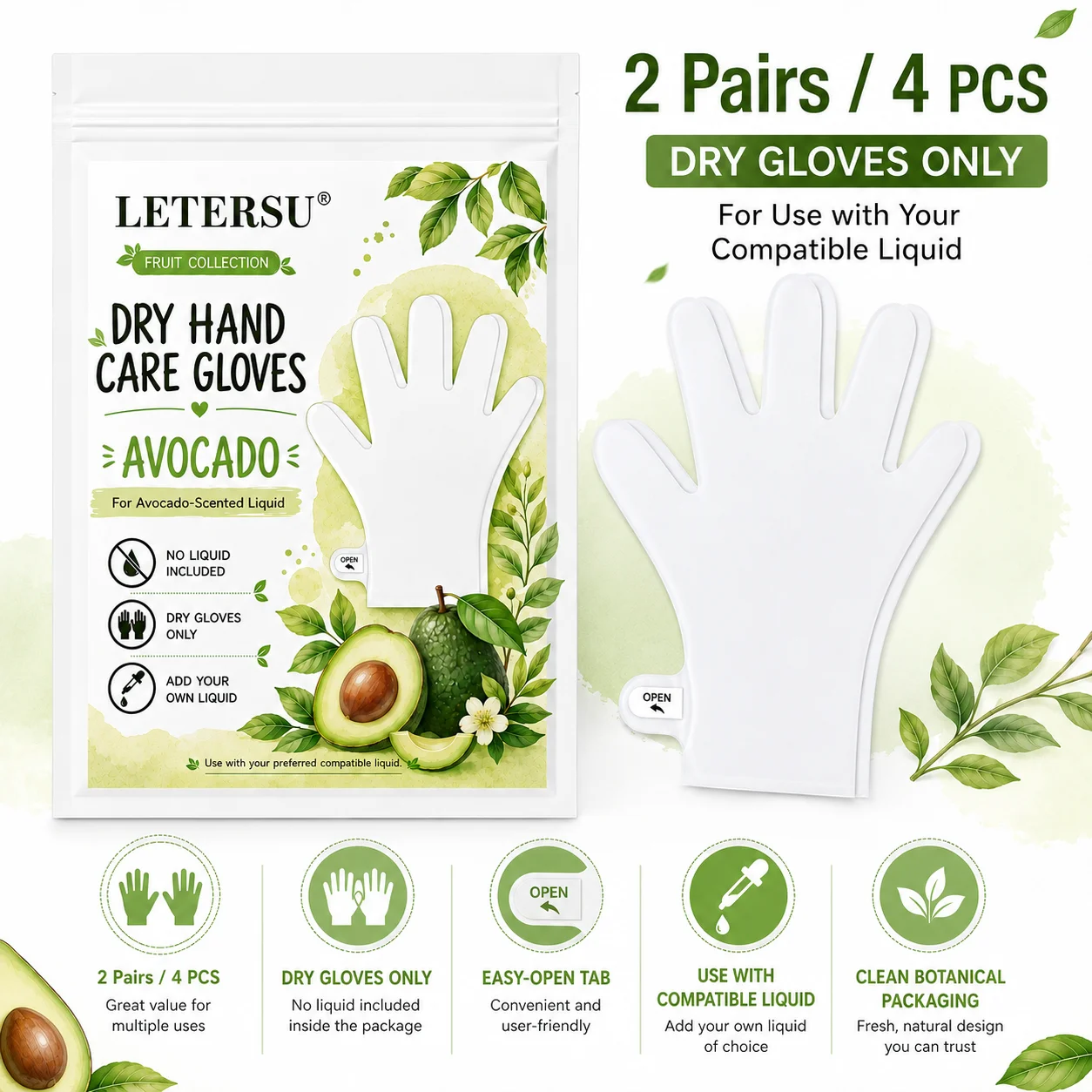 4PCS Avocado Dry Hand Mask Gloves Moisturizing Hand Care Spa Gloves Empty Gloves for Dry Hands Add Your Own Liquid