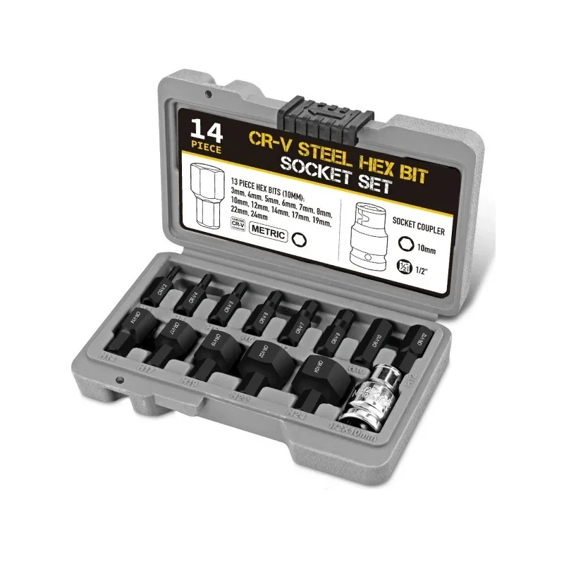 3-24mm Allen Hex Bit Socket Set 14Pcs Hexagon Bit Sockets Allen Key Hex Wrench Head Tool for Ratchet 1/2 inch Drive Screw Driver