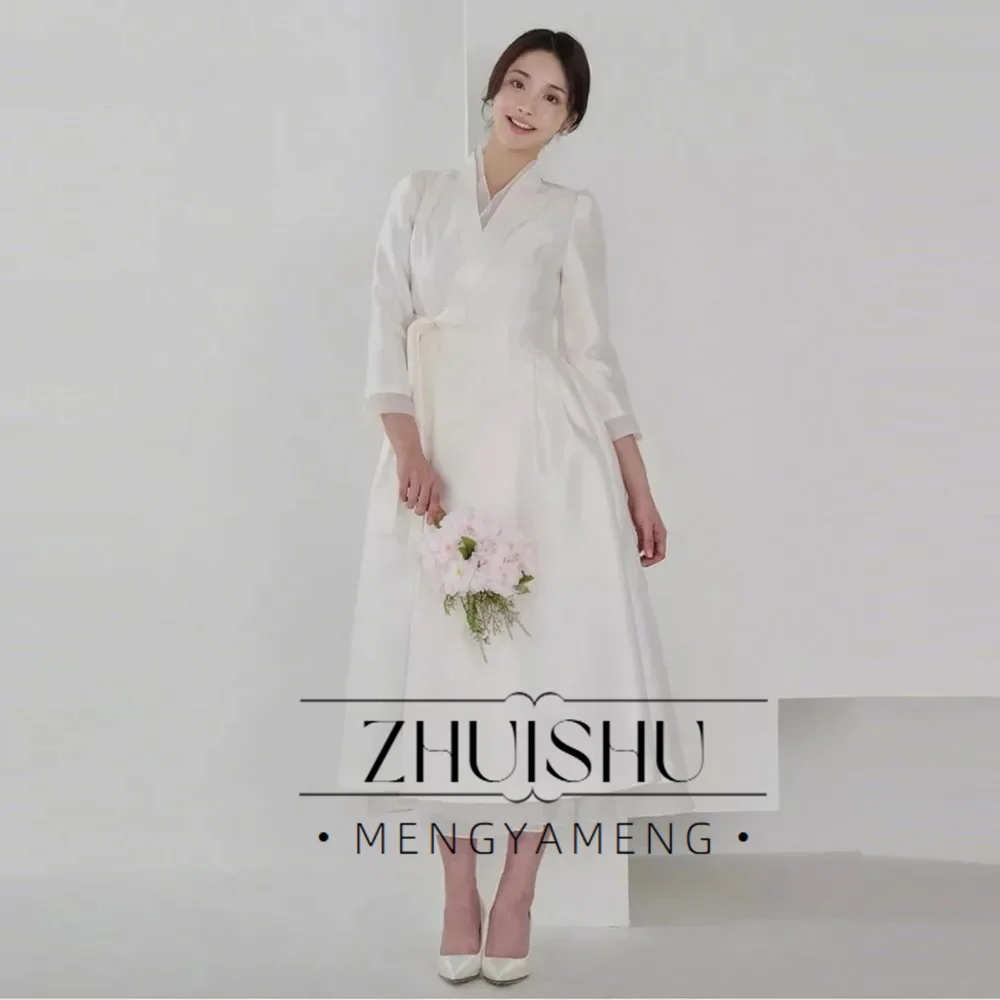 ZHUISHU 2025 elegante zijde satijn avondjurk v-hals lange mouwen prom toga korea trouwjurk fotoshoot aangepaste partij