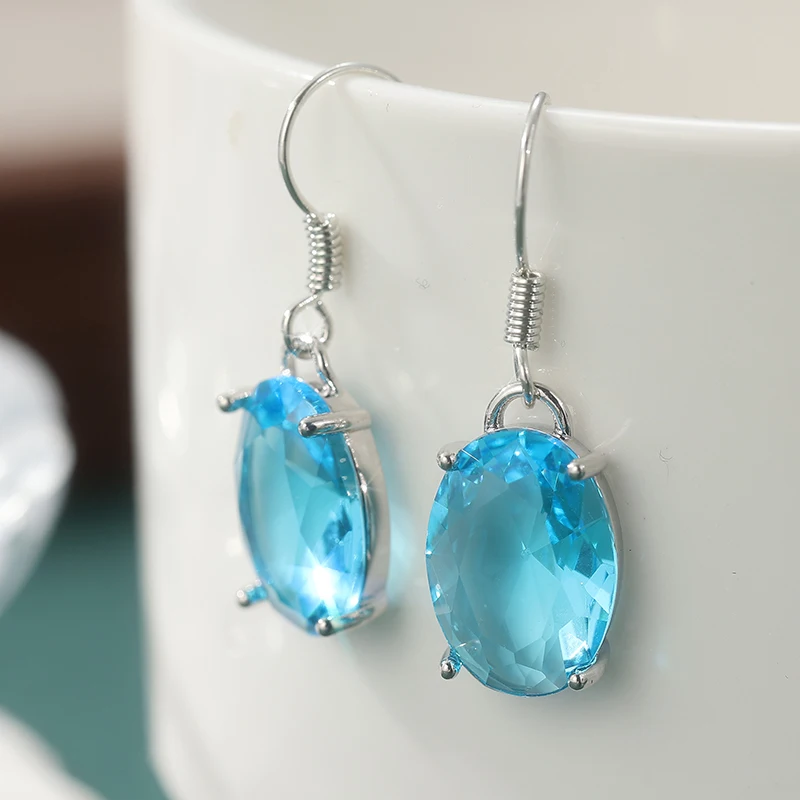 New Blue Color Synthetic Zircon Transparent Oval Pendant Earrings Women Luxurious Fashion Long Lever Backs Earrings Jewelry