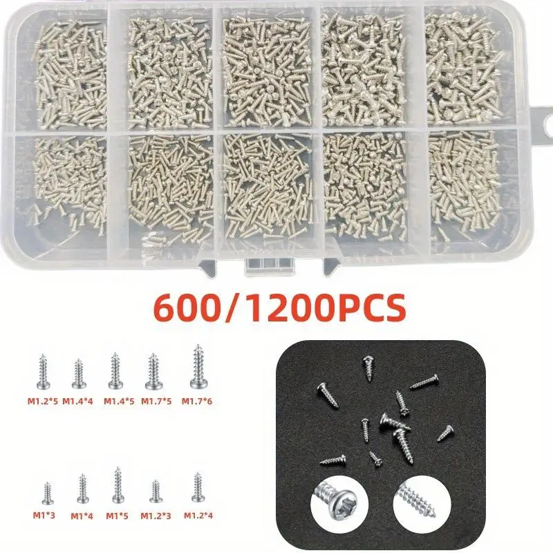 600/1200pcs Crosshead Self-tapping Metal Screws: Mini, Perfect for DIY Projects, Classification Kit.
