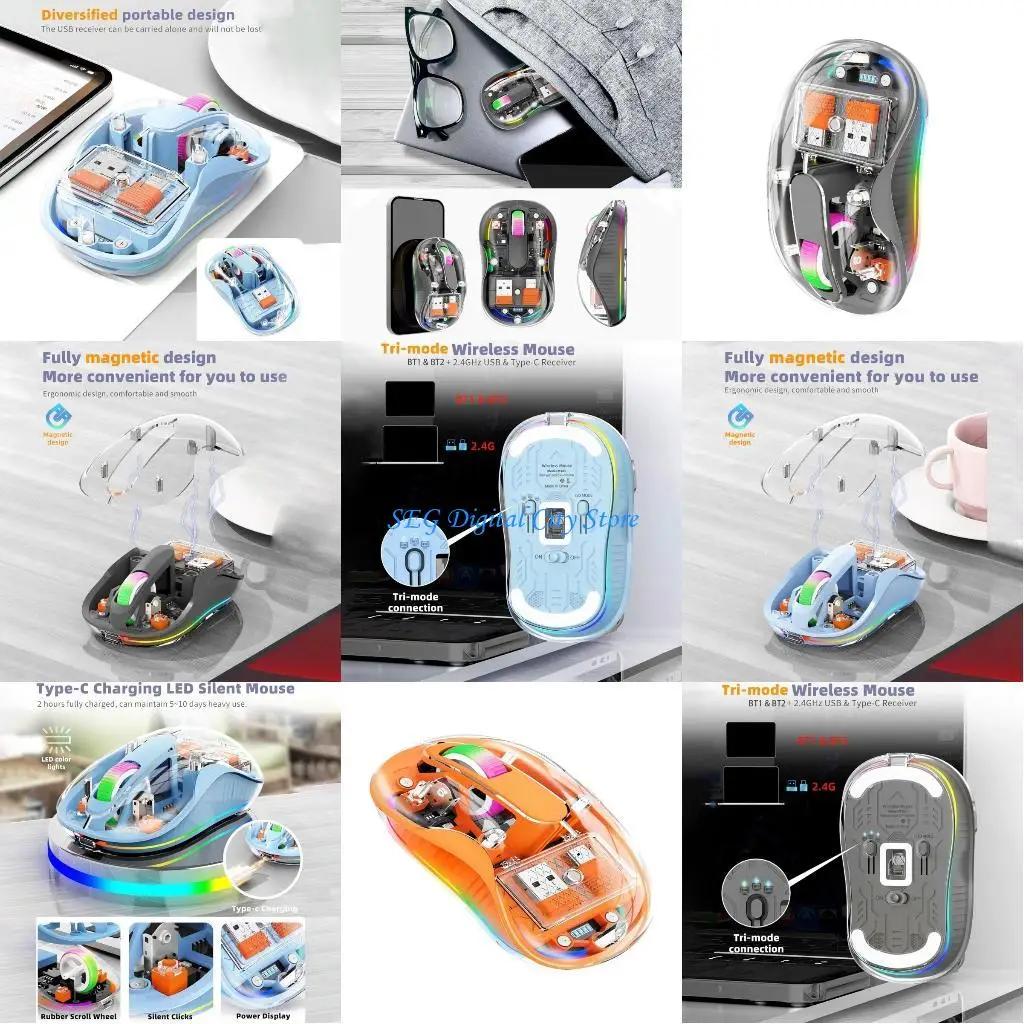 

U75B Wireless Mouse with 3 Connectivitys 2.4G Bluetooth-compatible Adjustable DPI Colorful Backlits Mouse for Home