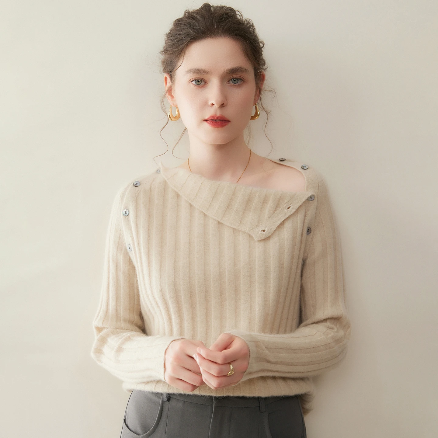 Cashmere Sweater Women One Shoulder Two Shoulder Open Button Pit Striped Long Sleeve Knitted Pullover Loose Slimming Look