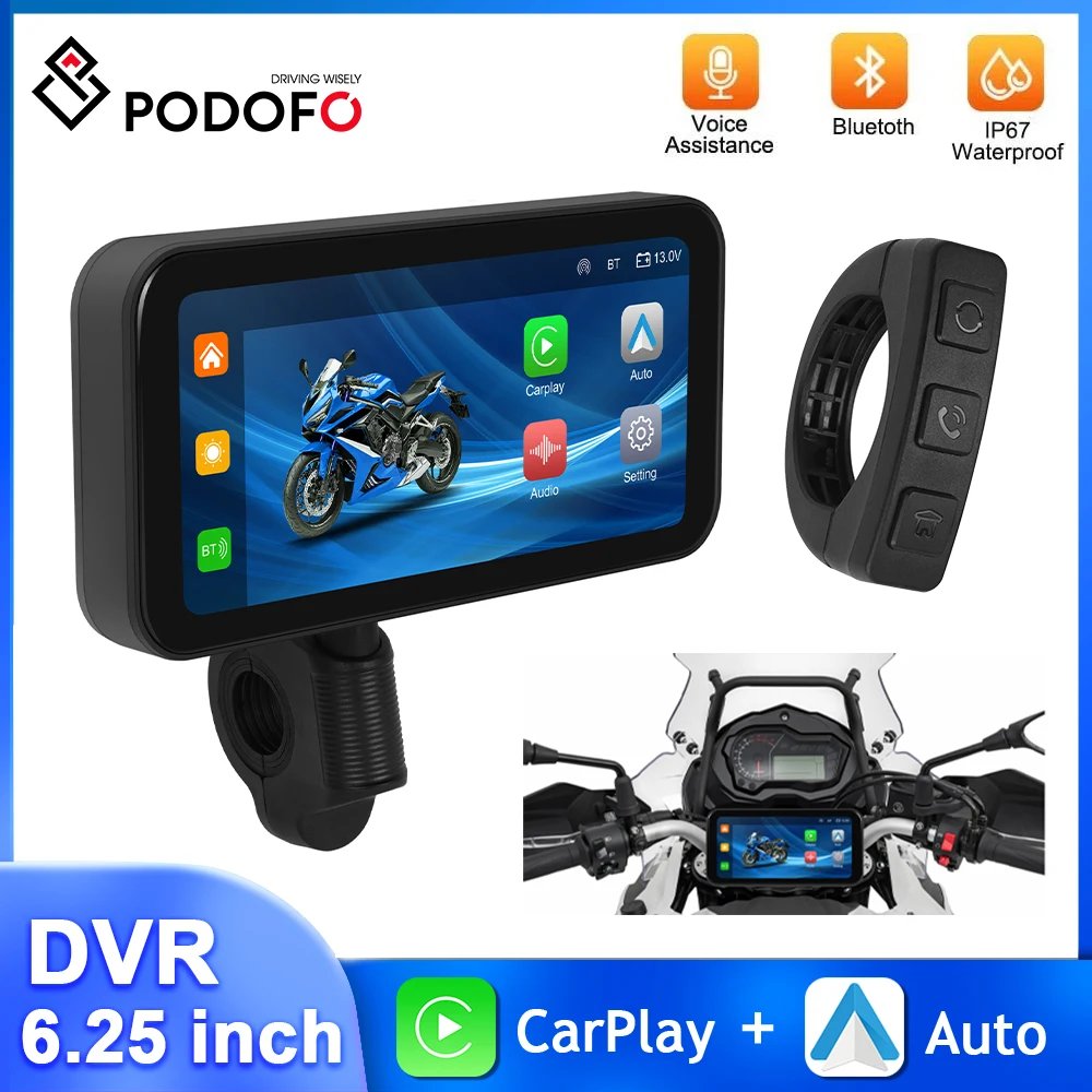 Podofo 6.25'' Motorcycle Carplay Steering Wheel Control Motor Monitor Waterproof IP67 Carplay Android Auto Smart Screen Player