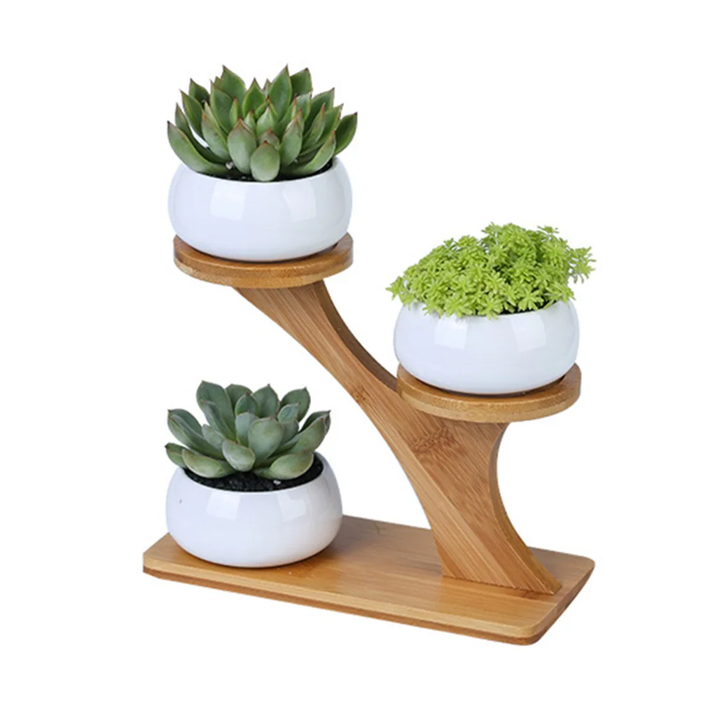 Multiple Flower Pot Holder 3 Tier 3 Potted Plant Stand Rack Bamboo For Indoor Outdoor Combination Ceramic Flowerpots