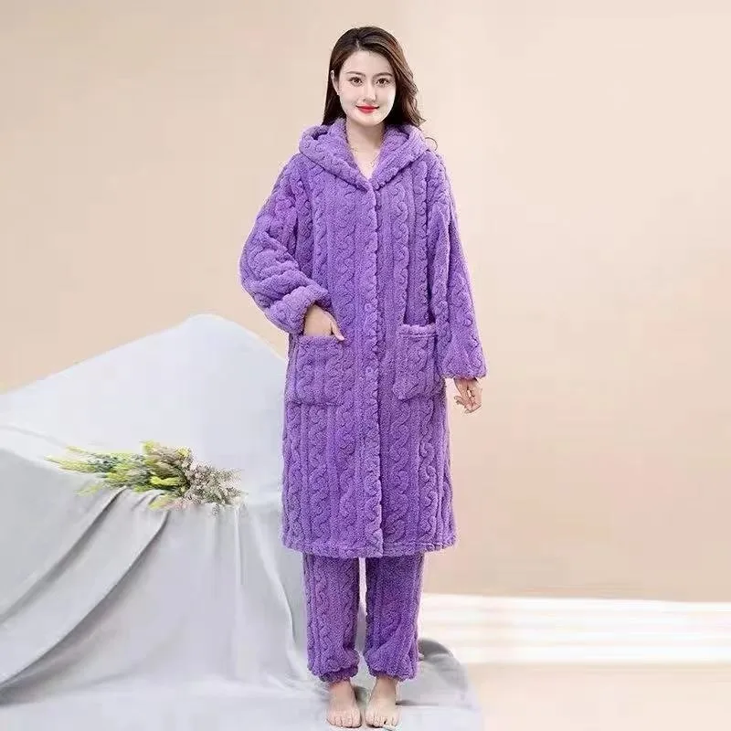 

Mom Night Gown Autumn and Winter Over-the-knee Pajamas Ms. Coral Fleece Pajama Set Wide and Comfortable Hooded Flannel Thick