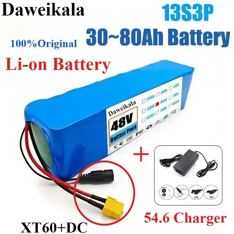 

48V Lithium-Ion Battery Pack (30Ah-80Ah, 18650 Cells) – 54.6V, 500W for E-Bikes/Scooters, XT60 Plug, BMS & 2A Charger Included