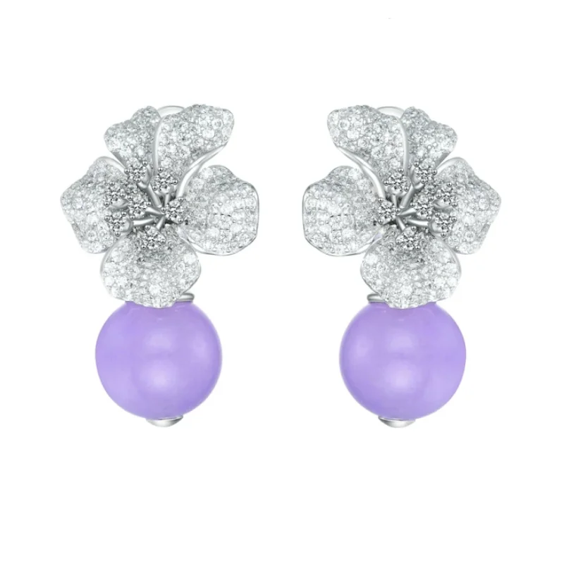 Bellux 925 Silver Synthetic Zircon Earrings Flower stamen Violet Jade Marrow Classic Purple Round Bead Earrings Female