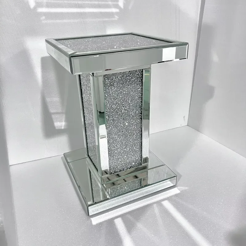 Hot Selling Light Modern Mirrored Glass Coffee Table Rhinestone Square Side Table Silver White Set Home Furniture