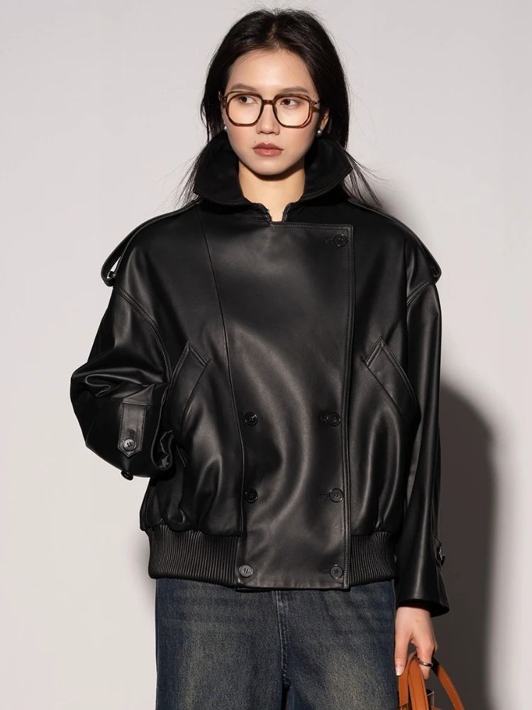 

Classic Short Genuine Leather Motorcycle Jackets for Women High-end Simple Double Breasted Soft Black Real Sheepskin Coat