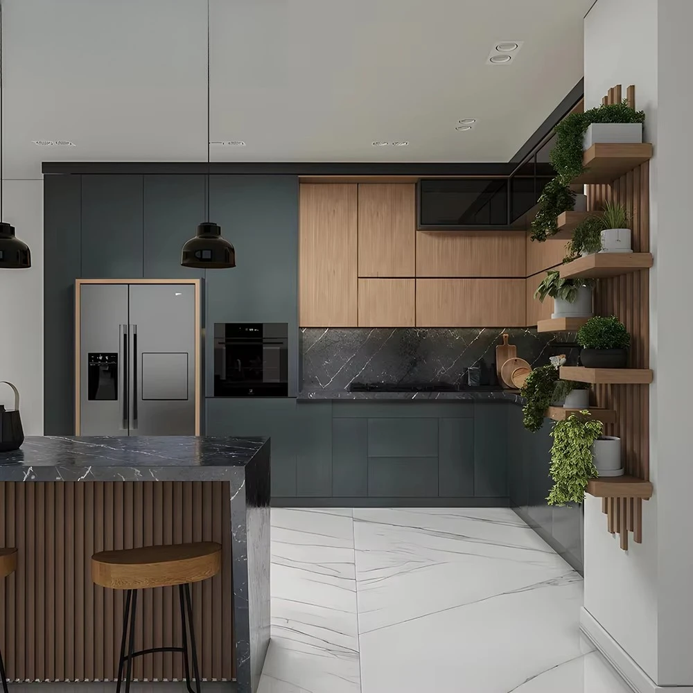 Hpl Laminated Board Hotel Smart Full Small Kitchenette Island Kitchen Design with Quartz Countertop