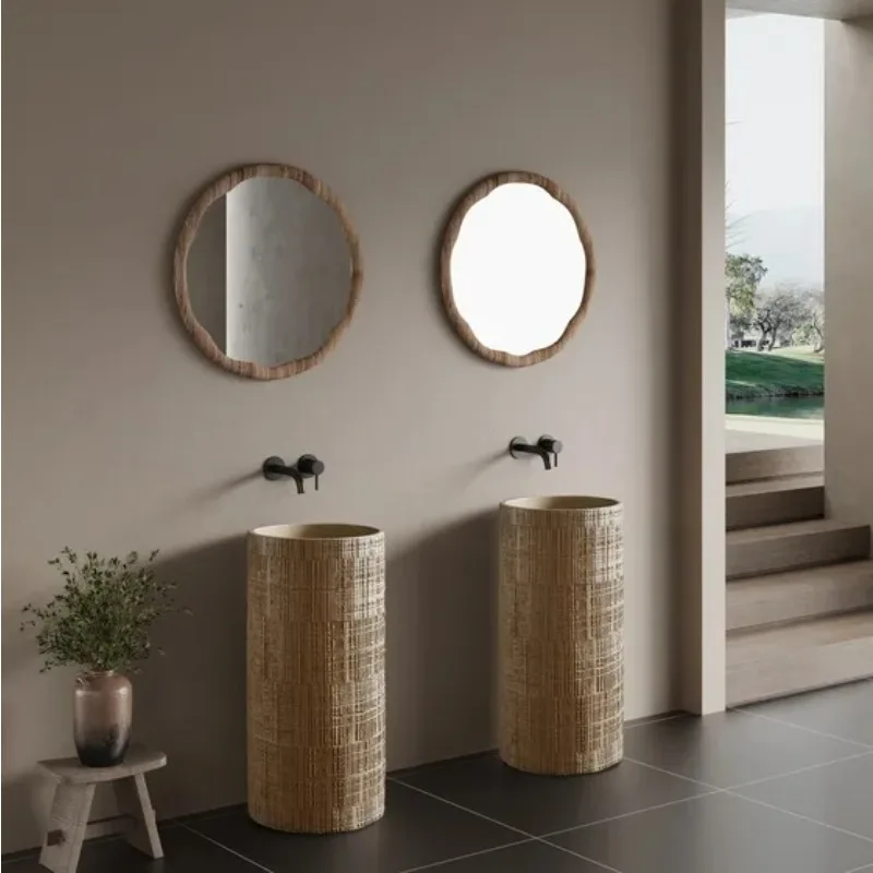 

Wabi-sabi wind pillar basin, integrated floor-to-ceiling artificial stone homestay personalized art flaxen washbasin