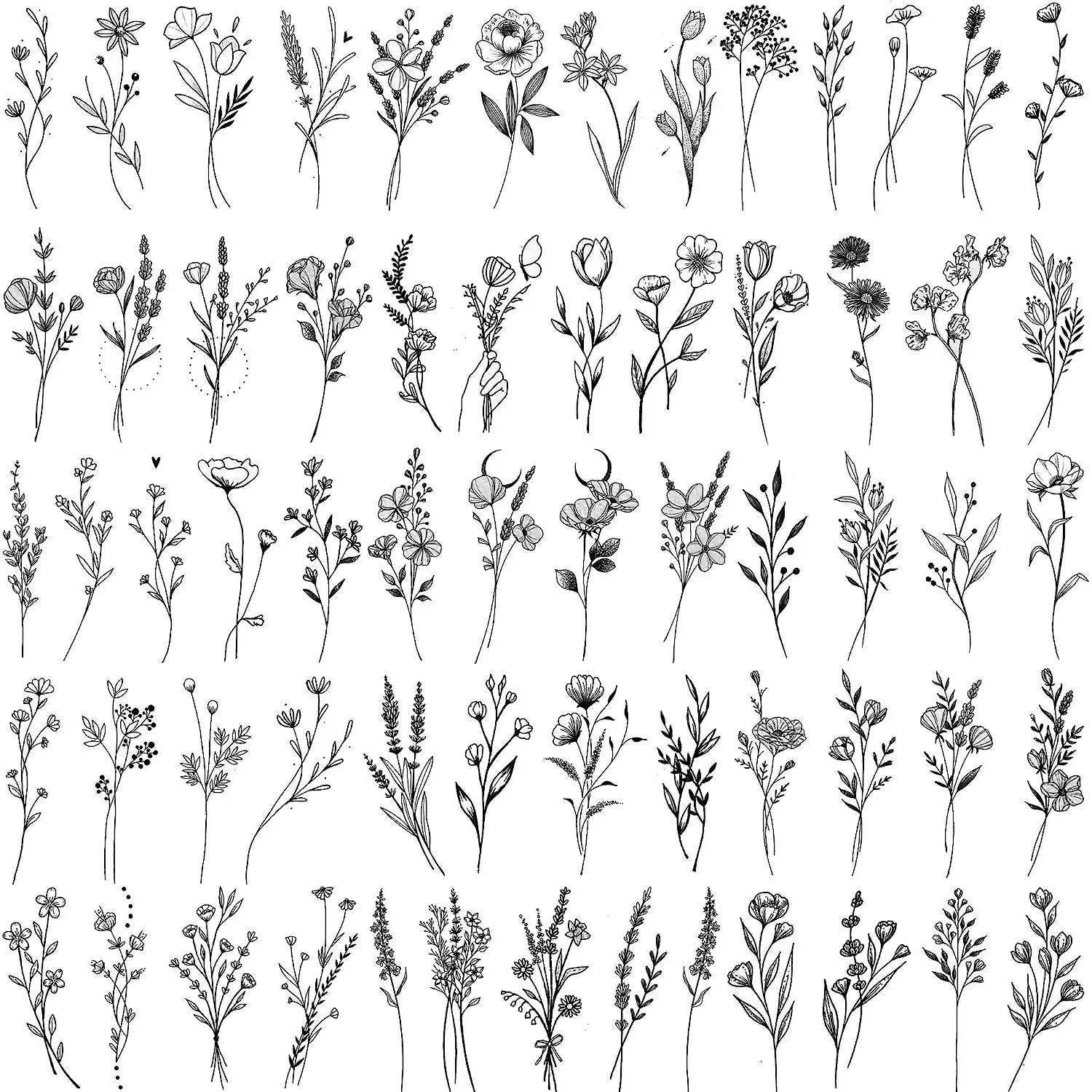 15 Sheets Black Tiny Lavender Branch Temporary Tattoos For Women Girl, Small Flowers Bouquet Fake Tattoo Stickers Adults Hands